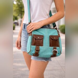 Latico Leather and canvass Teal and Brown Women's Bag
